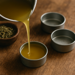 Natural Medicine Essentials: Quick-Start Guide to Herbalism for Beginners 5 Herbal salve being poured into small tins on a wooden counter.