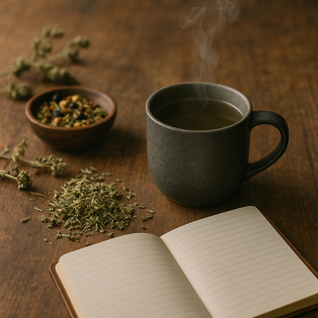 Natural Medicine Essentials: Quick-Start Guide to Herbalism for Beginners 6 A steaming mug of herbal tea, open notebook, and dried herbs on a rustic table.