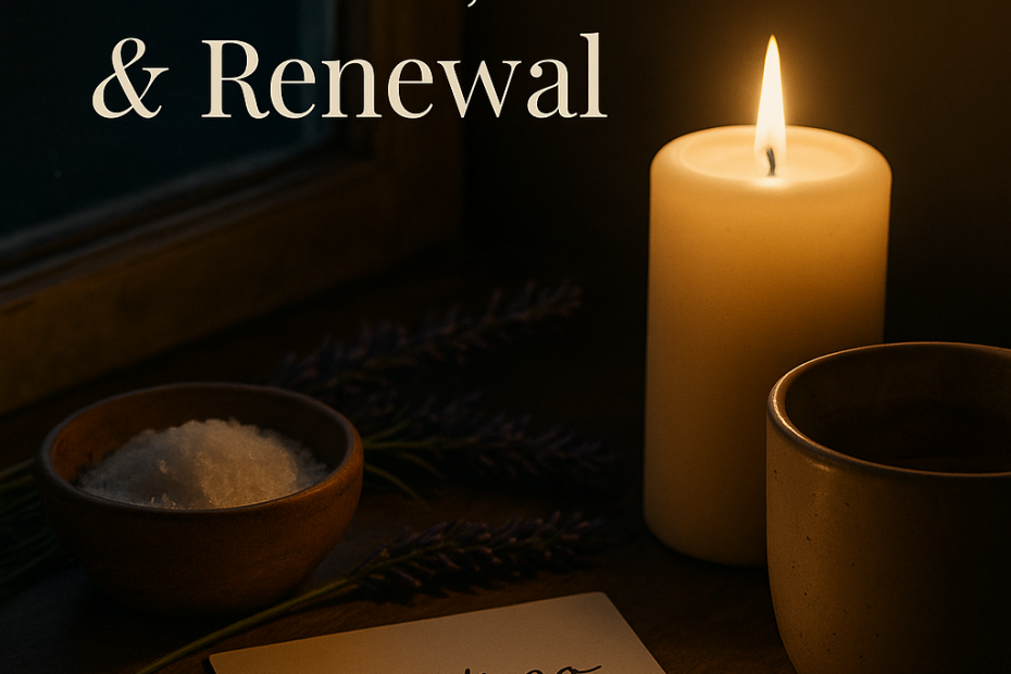 A waning moon ritual scene with a white candle, handwritten release note, lavender sprigs, and a steaming cup of tea by moonlight on a rustic table.