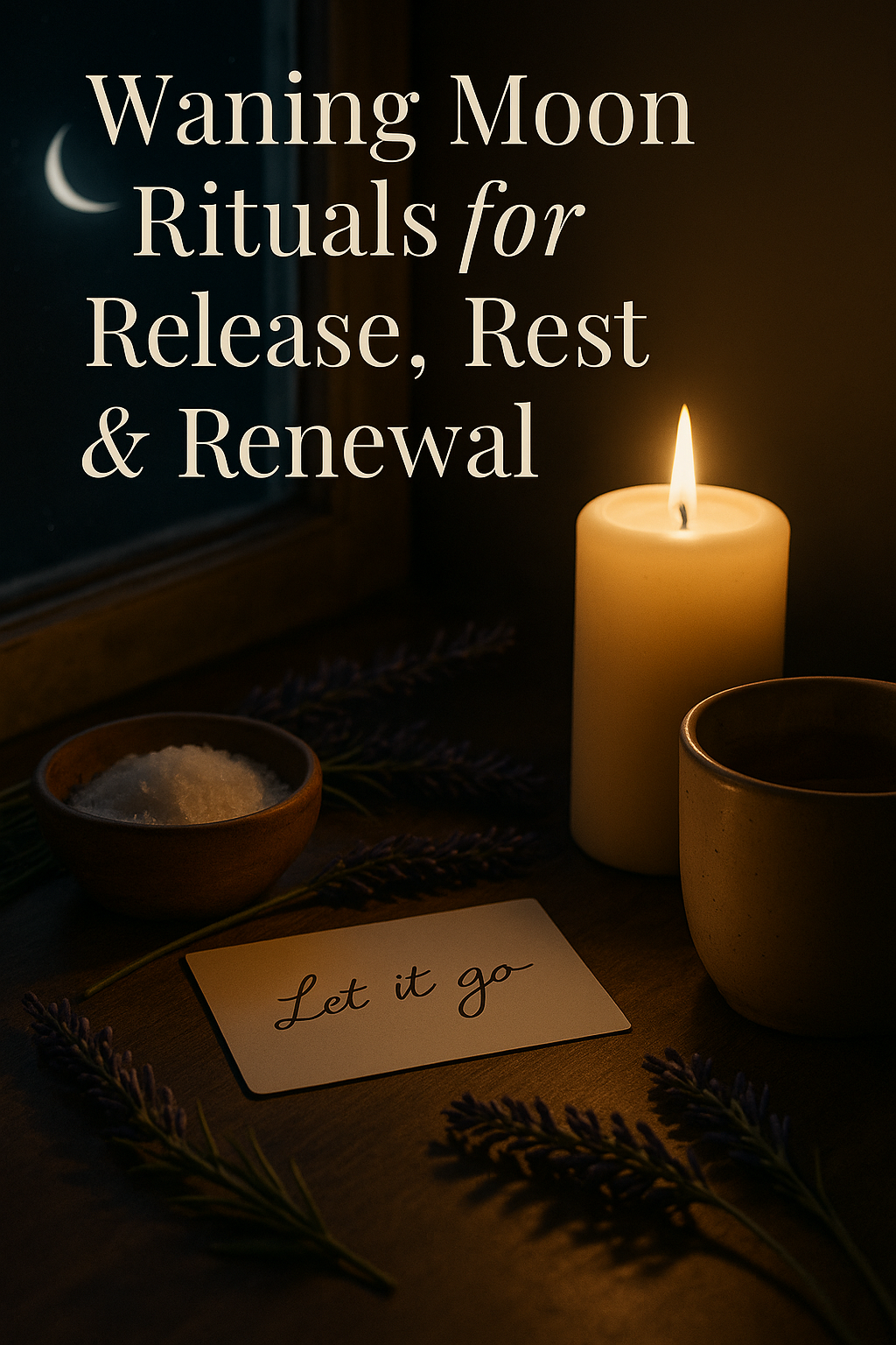 A waning moon ritual scene with a white candle, handwritten release note, lavender sprigs, and a steaming cup of tea by moonlight on a rustic table.