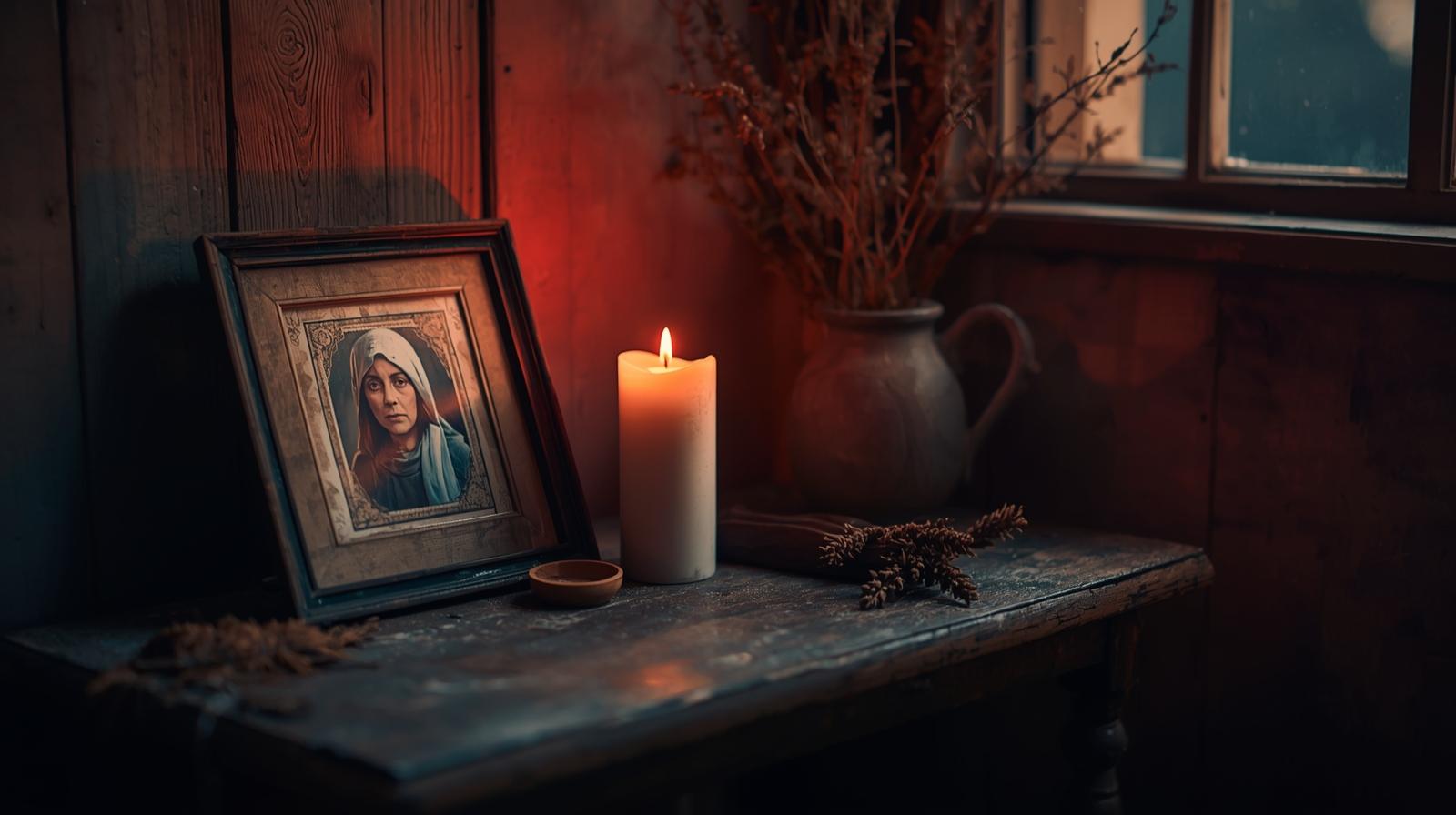 Small ancestral altar with candle and framed photo illuminated by red eclipse light.