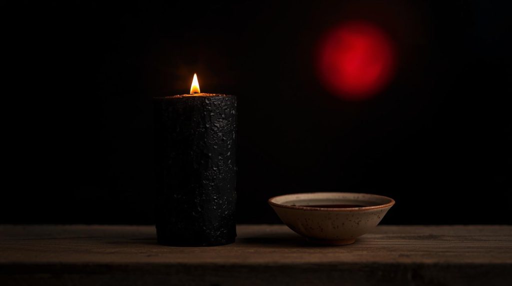 Black candle burning on a simple altar during a Blood Moon banishing ritual.