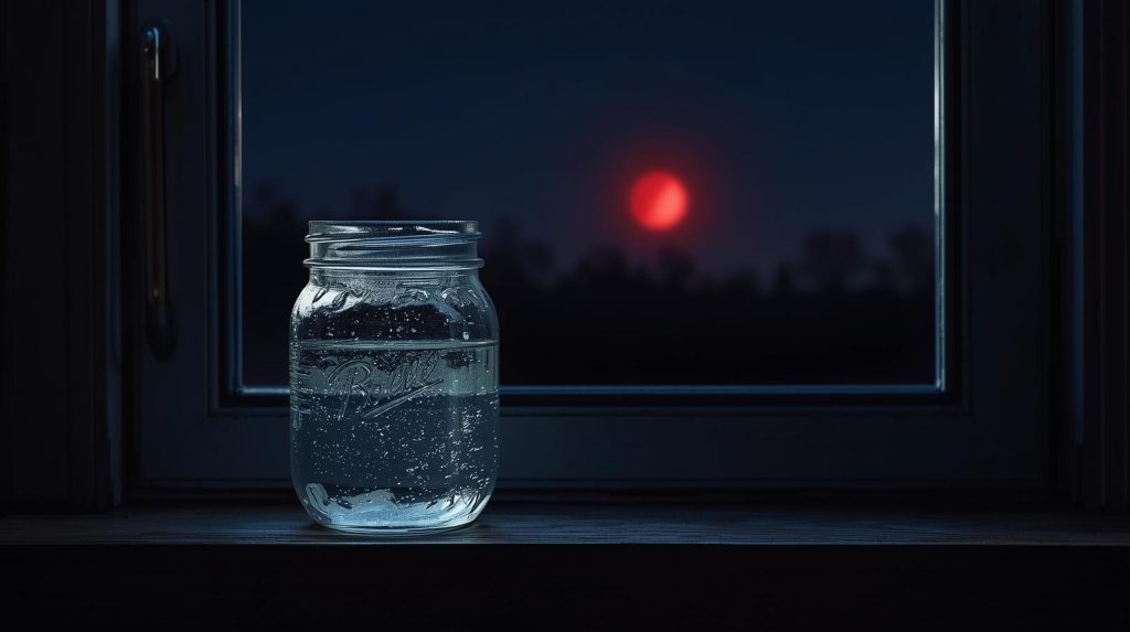Glass jar of water charging under the red light of a Blood Moon lunar eclipse.