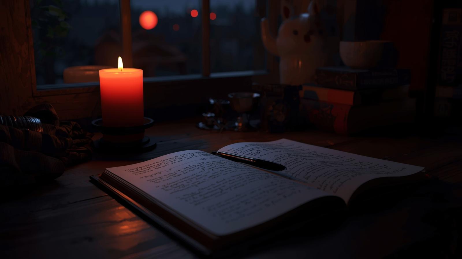 Open journal and candle on a wooden desk during a Blood Moon night for shadow work reflection.