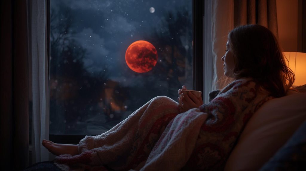 Person resting indoors with tea while watching a Blood Moon lunar eclipse through a window.