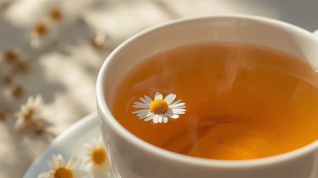 Chamomile tea made with dried chamomile flowers for rest and cold relief