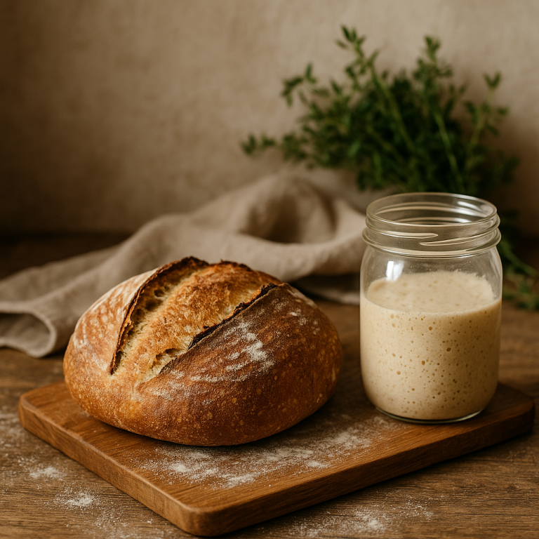 Freshly baked homemade sourdough loaf with jar of starter on wooden table.