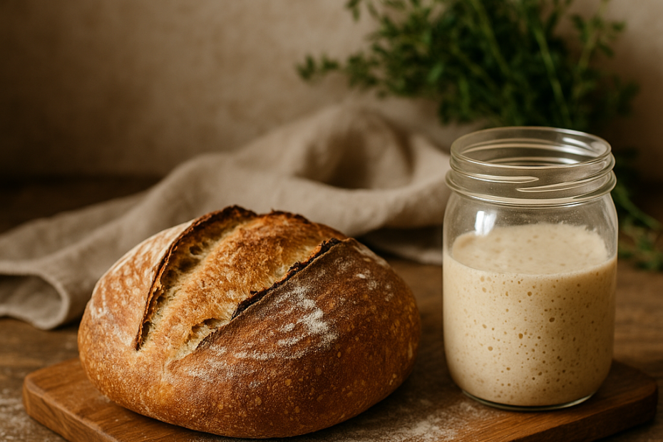 Freshly baked homemade sourdough loaf with jar of starter on wooden table.