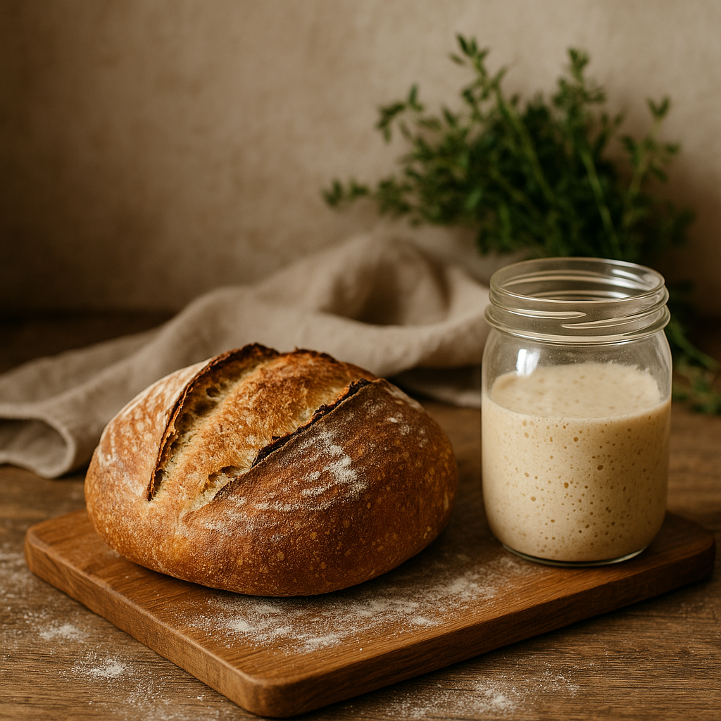Freshly baked homemade sourdough loaf with jar of starter on wooden table.