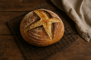 Homemade sourdough loaf cooling on a rack.