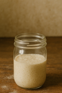 Bubbly sourdough starter in a glass jar on a rustic wooden table.