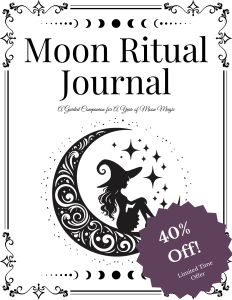 Moon Ritual Journal printable with witchy crescent moon artwork and a purple 40% off sale badge. Limited-time offer for lunar planner and ritual guide.