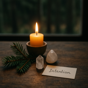 Simple winter altar with candle, evergreen, crystals, and a handwritten intention.