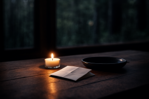Single lit candle on a wooden surface with a folded paper and fireproof dish for a release ritual.