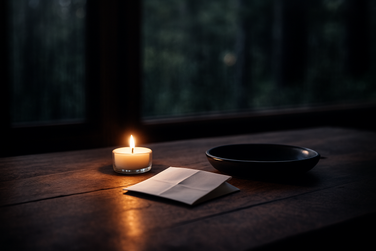 A lit candle beside a small bowl and folded paper for a simple family Mabon ritual.