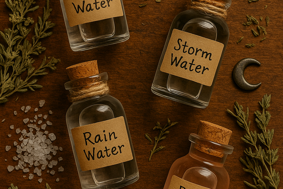 Labeled jars of magical waters arranged with herbs and salt.