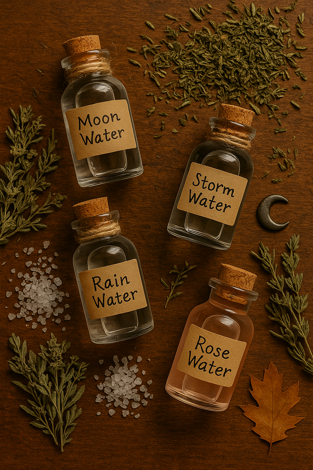 Guide to Magical Water Types: Meanings, Uses & How to Collect Each One 1 Labeled jars of magical waters arranged with herbs and salt.