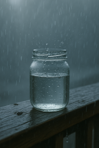 Magical Water Types: Meanings, Uses & How to Collect Them 2 Jar collecting natural rainwater on a wooden railing
