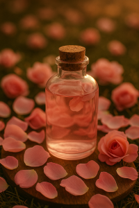 Magical Water Types: Meanings, Uses & How to Collect Them 4 Bottle of rose water surrounded by pink rose petals