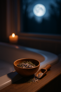 Herbal bath blend in a wooden bowl with a wooden scoop resting on a bathtub edge, softly lit by candlelight and the full supermoon shining through a window.