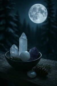 Bowl of crystals charging under the supermoon, with selenite, amethyst, and moonstone illuminated by moonlight against a dark winter forest backdrop.