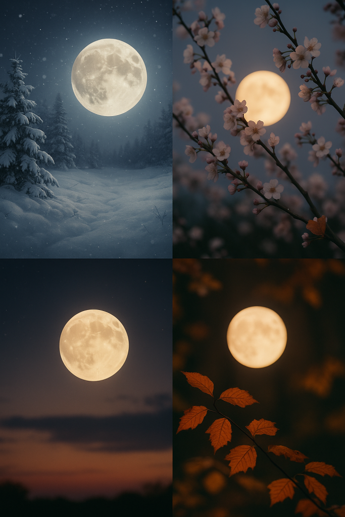 Four seasonal moon images representing winter, spring, summer, and autumn energy.