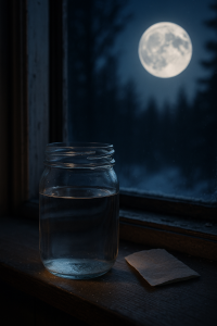 Jar of water charging in moonlight on a winter windowsill.