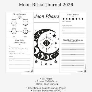 Preview collage of the Moon Ritual Journal 2026 showing sample pages including the moon phases cover, lunar calendars, ritual planner, manifest-your-dreams worksheet, and moon water log. Modern black-and-white witchy design with clean layout and minimalist line art.