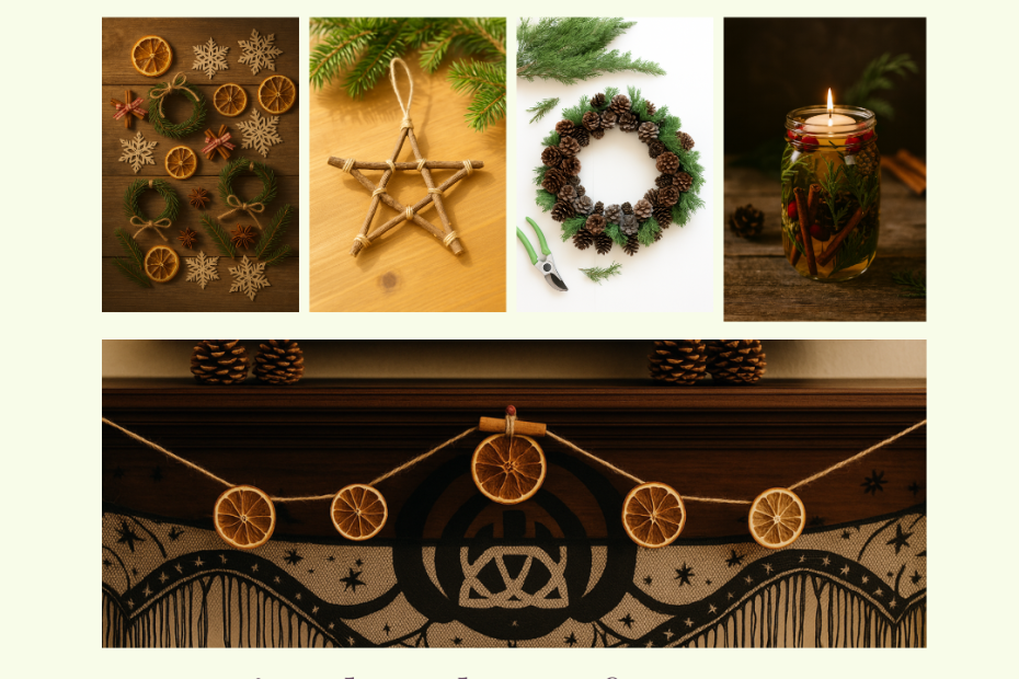 Collage image featuring natural Yule crafts, including dried orange ornaments, twig star ornaments, a pinecone wreath, a simmer pot oil candle, and an orange slice garland displayed on a mantel, with the text ‘HearthandHedge.net – 15 Simple Yule Crafts You Can Make at Home.