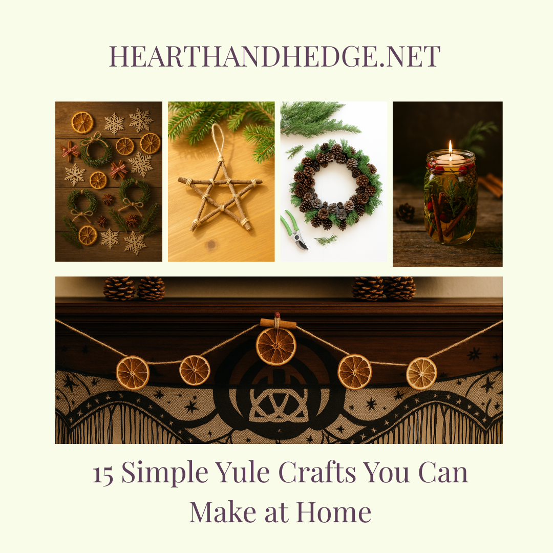 Collage image featuring natural Yule crafts, including dried orange ornaments, twig star ornaments, a pinecone wreath, a simmer pot oil candle, and an orange slice garland displayed on a mantel, with the text ‘HearthandHedge.net – 15 Simple Yule Crafts You Can Make at Home.