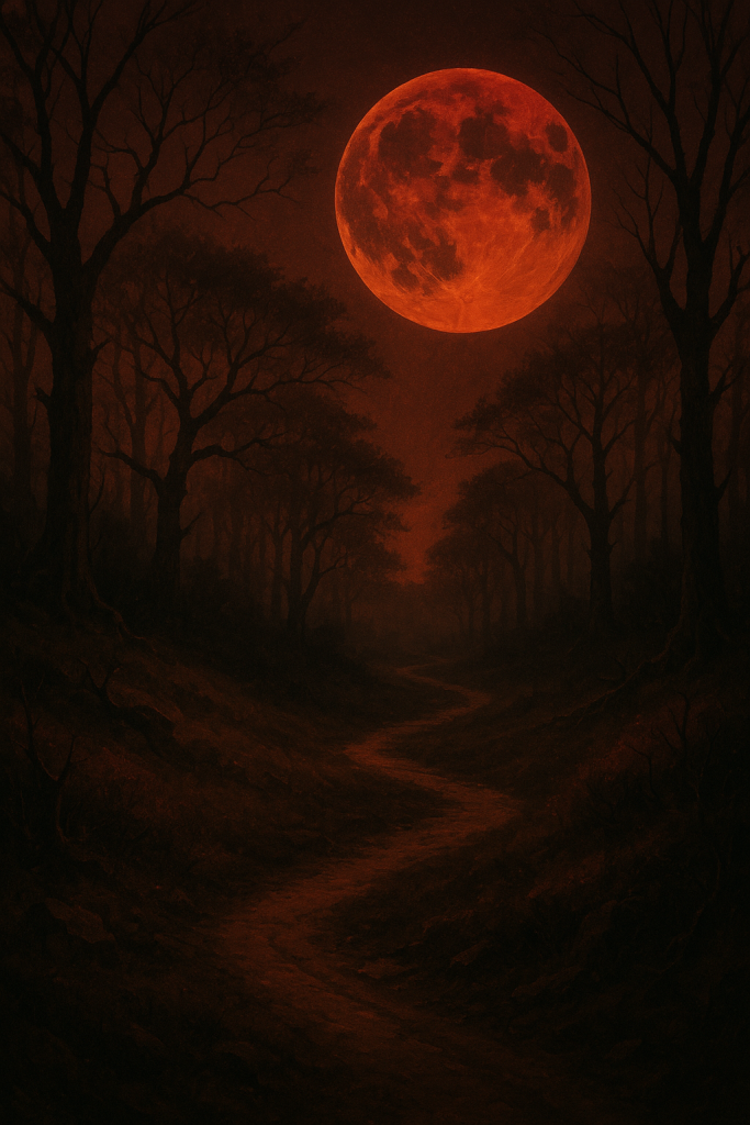 Forest path under a red Blood Moon, leading from dark winter trees into a brighter early-spring clearing.