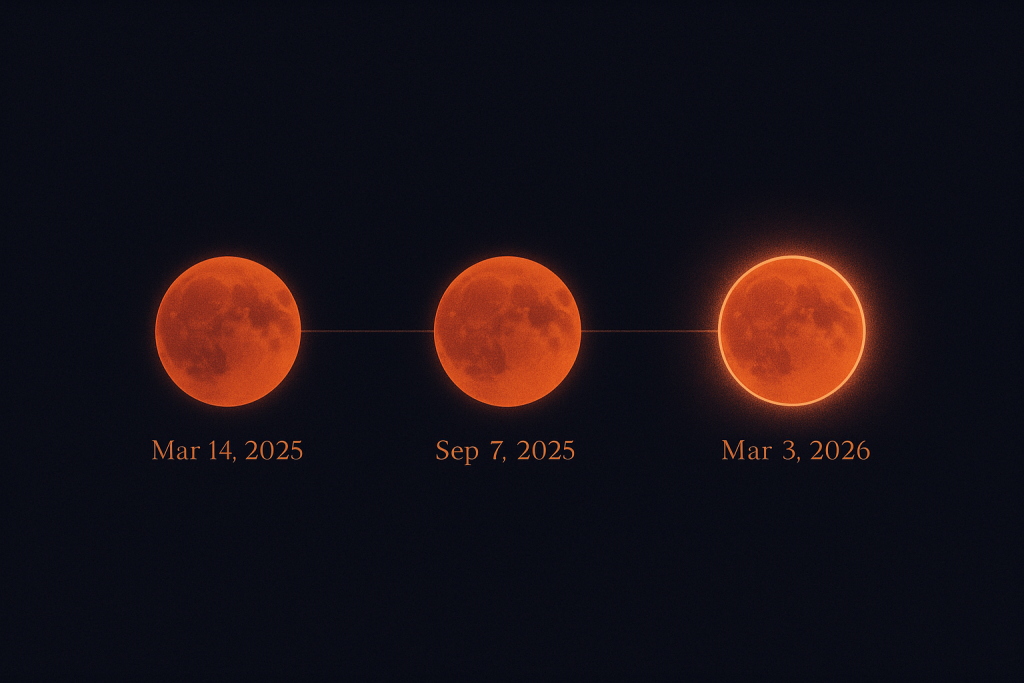 Graphic timeline showing three red Blood Moons for the 2025–2026 near-tetrad lunar eclipses, with March 3, 2026 highlighted.