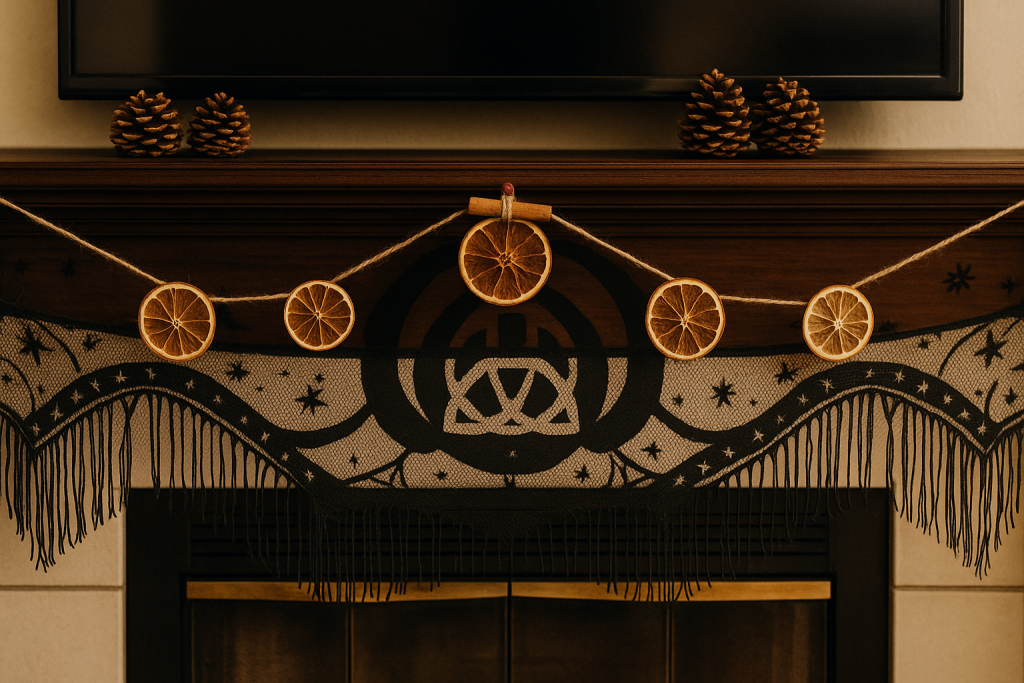 A dried orange slice garland strung on natural twine across a wooden mantle, with pinecones displayed on top and a black celestial-patterned cloth draped beneath.