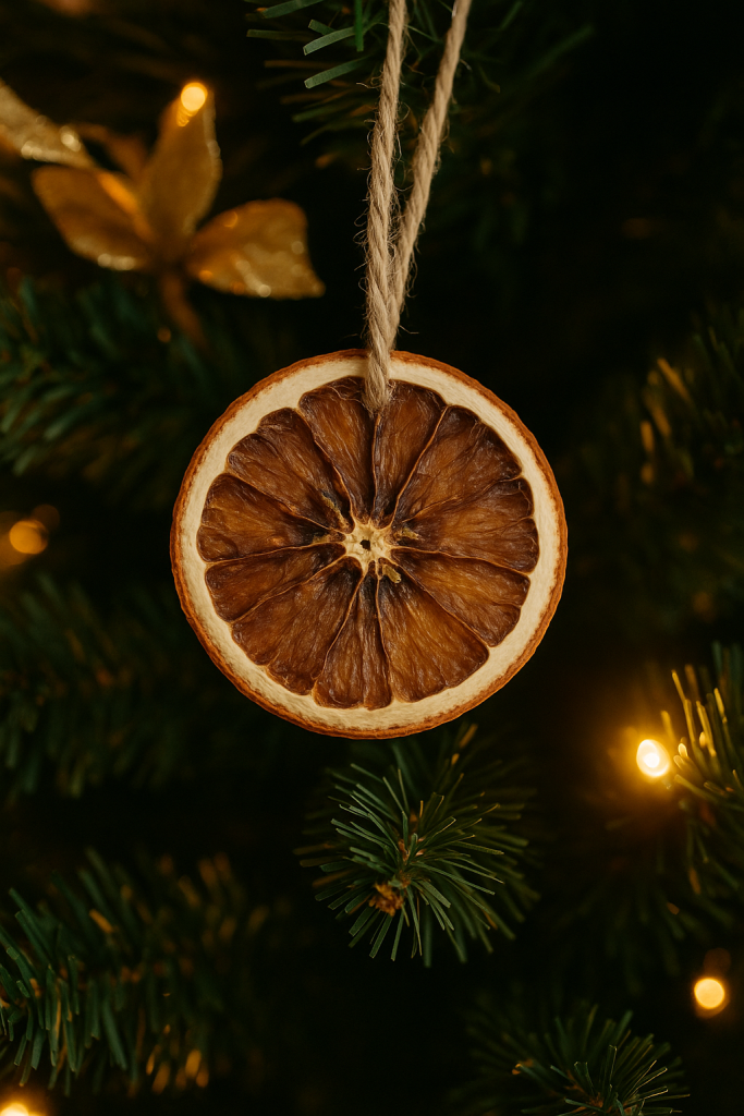 A  orange slice yule craft ornament hanging from jute twine on a lit Christmas tree, surrounded by green needles and warm golden lights.