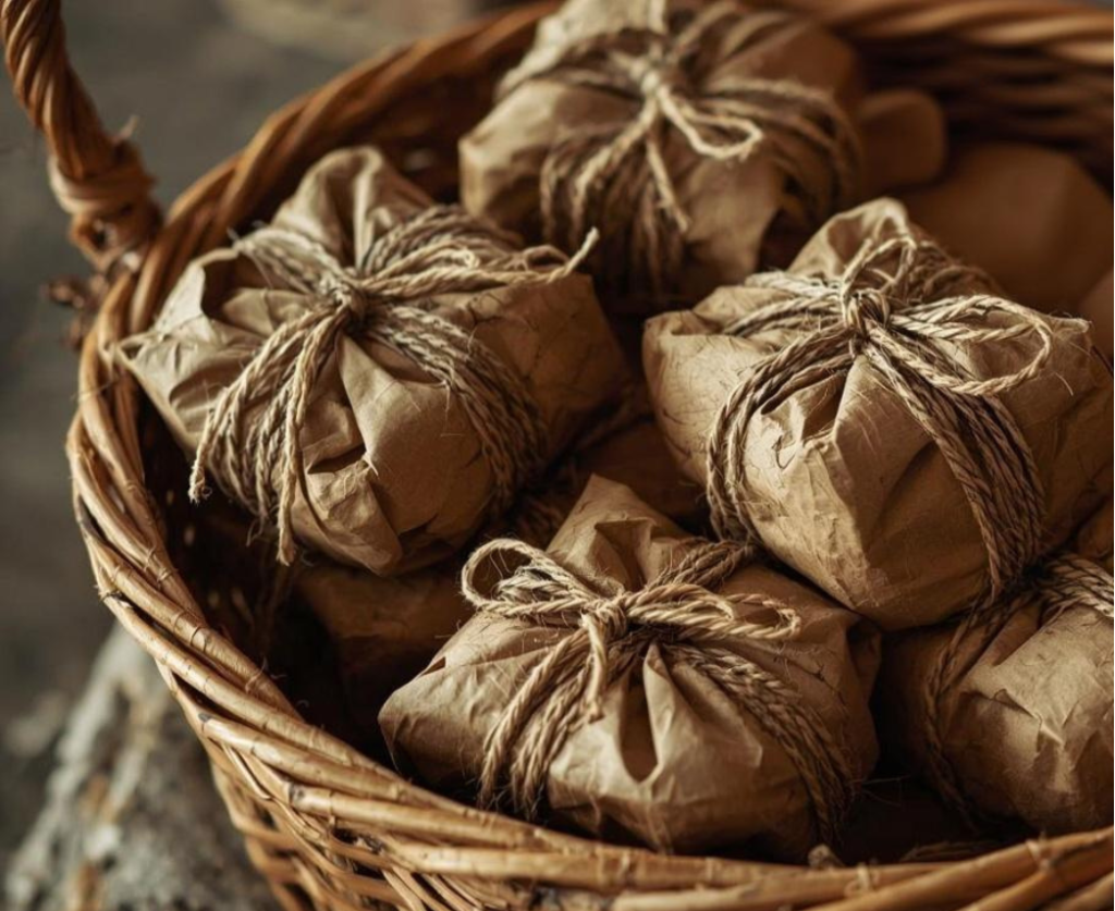 Brown paper lunch bag fire starter blocks tied with twine and stacked in a basket near firewood.