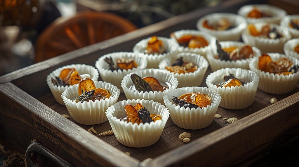 Wax cup fire starters in mini cupcake liners with dried orange and herbs on a wooden tray.