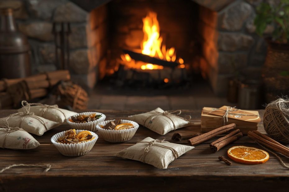 Rustic cottage hearth with handmade DIY firestarters, dried citrus, cinnamon sticks, and twine on a wooden table.