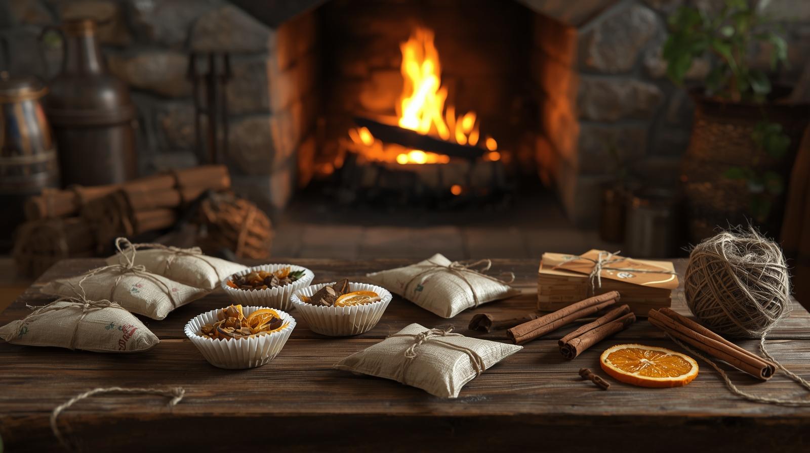 Rustic cottage hearth with handmade DIY firestarters, dried citrus, cinnamon sticks, and twine on a wooden table.