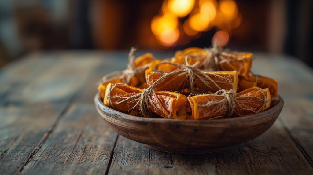 Dried orange slice bundles tied with twine displayed in a wooden bowl as natural fire starters.