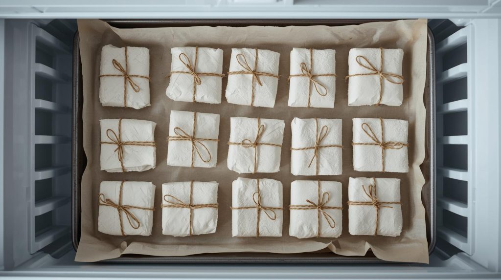 Paper towel diy fire starter packets tied with twine on a baking sheet being put into the freezer to set.