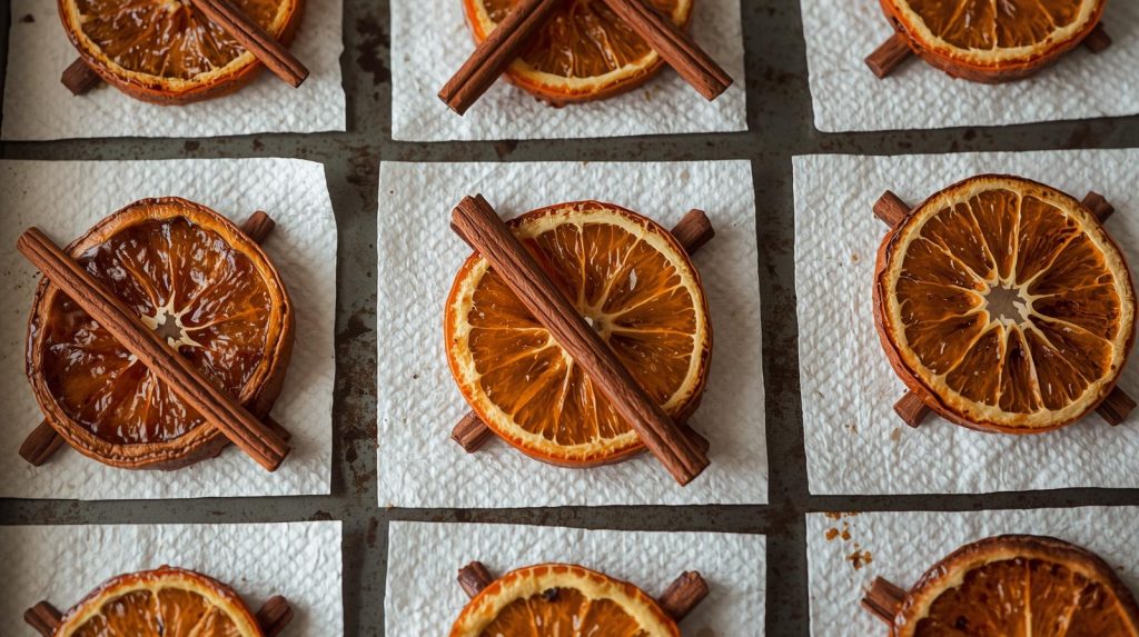 Coated orange slices and cinnamon sticks resting on paper towel squares on a baking sheet for homemade fire starters.