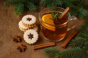 A cozy winter scene featuring a glass mug of mulled cider with orange and rosemary, surrounded by Linzer cookies, cinnamon sticks, star anise, and evergreen branches on a wooden surface.