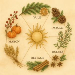 A watercolor illustration of the Wheel of the Year on parchment, featuring eight seasonal sections with natural symbols like evergreens, pumpkins, wheat, pinecones, and herbs, with Yule highlighted at the top.