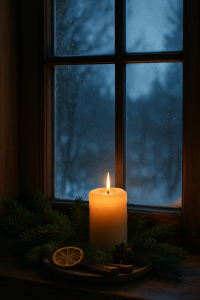 A lit candle on a wooden windowsill surrounded by pine branches and dried citrus, glowing warmly against a frosted winter window.
