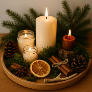 A Yule altar, complete with candles, an orange slice, pine sprigs, pinecones and cinnamon sticks, set up on a shallow wooden tray.