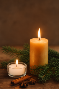 Two lit candles—a beeswax pillar and a small tealight—surrounded by evergreen branches, cinnamon sticks, and star anise on a rustic wooden surface.