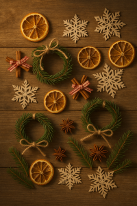 A flat-lay scene of handmade winter decorations, including mini pine wreaths tied with twine, dried orange slices, cinnamon bundles, star anise, and paper snowflakes arranged on a rustic wooden surface.