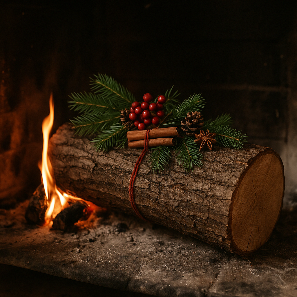 A traditional Yule log decorated with pine sprigs, red berries, cinnamon sticks, pinecones, and star anise, resting in a rustic indoor fireplace with flames burning beside it.
