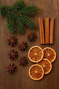 A flat-lay arrangement of pine branches, cinnamon sticks, star anise, and dried orange slices on a rustic wooden surface.
