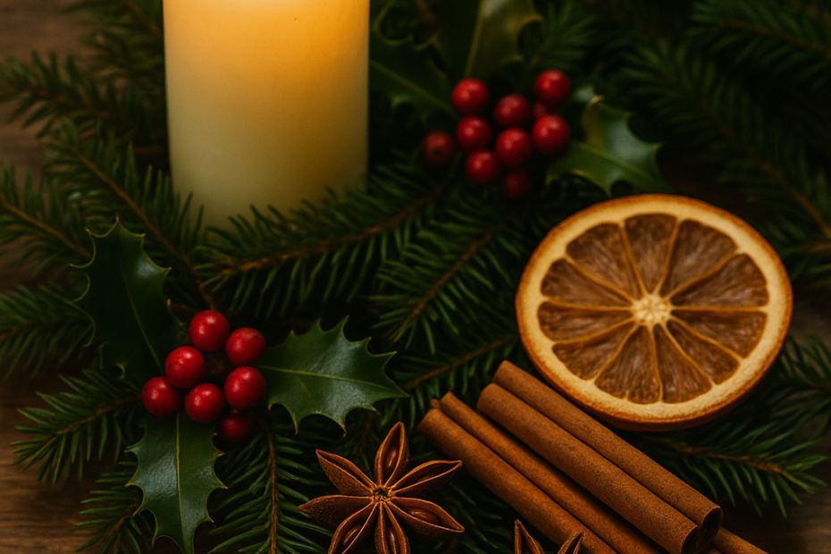 Yule decorations with candles, evergreens, dried oranges, pinecones, and cinnamon on a rustic wooden background for a winter solstice celebration.